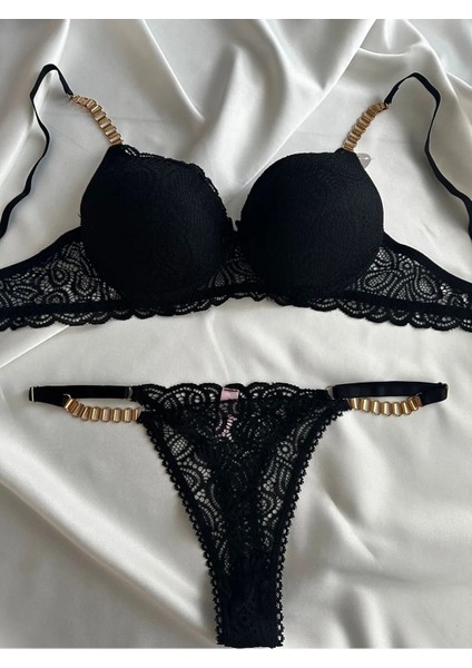 Kadın Siyah Dantelli Zincir Detaylı Balenli Destekli Dolgulu Sütyen Takımı Iç Çamaşırı Takımı modelleri