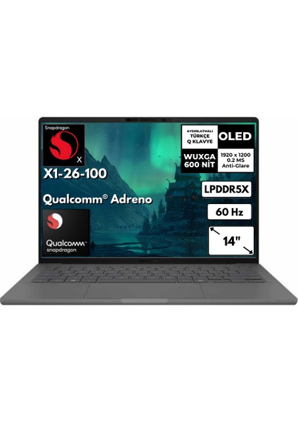 Zenbook A14 Snapdragon x X1-26-100 16 GB 512 GB SSD Qualcomm® Adreno™ 14" 0.2 Ms Wuxga Windows 11 Home Notebook UX3407QAAT2