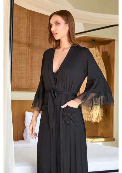 Aqua 25589 Kadın Uzun Şifon Detay Sabahlık