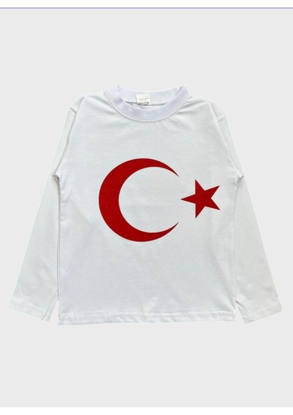 Çocuk Pamuklu Beyaz Kırmızı Ay Yıldız Desenli Uzun Kollu Bisiklet Yaka Tshirt