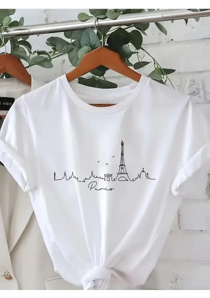 Minimal Paris & Eiffel Baskılı Kadın Pamuk T-Shirt