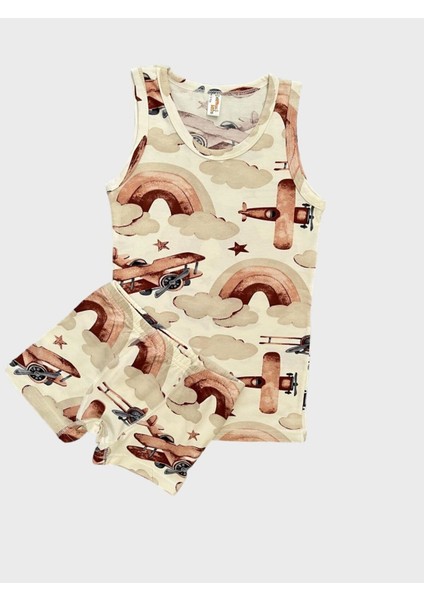 Erkek Çocuk Pamuklu Uçak Desenli Krem Kahve Atlet Boxer Takımı