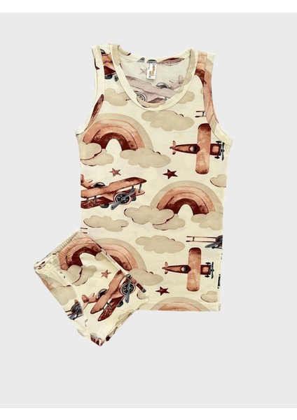 Erkek Çocuk Pamuklu Uçak Desenli Krem Kahve Atlet Boxer Takımı fiyatları