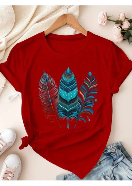 Mavi Kuştüyleri Baskılı Kadın Pamuk T-Shirt