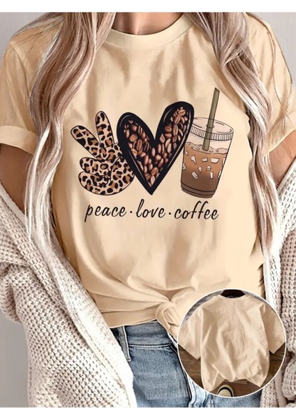 Peace Love Coffee Baskılı Kadın Pamuk T-Shirt