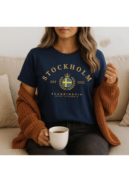 Şehirlere Özel Tasarım Baskılı Unisex Pamuk Lacivert T- Shirt