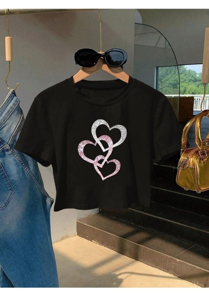 Üçlü Kalp Baskılı Kadın Oversize Crop T-Shirt