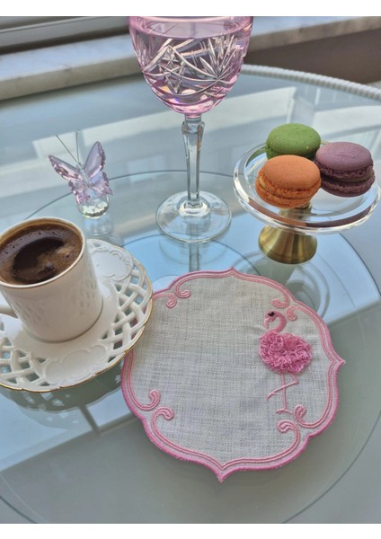 Pembe Flamingo Figürlü Nakışlı Sunum Kokteyl Peçetesi