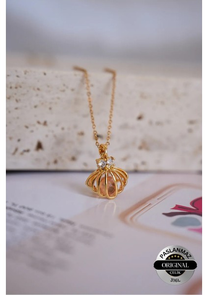 316L Çelik Incili Istiridye Kolye