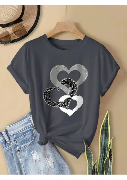 Üçlü Kalp Özel Tasarım Baskılı Kadın T-Shirt