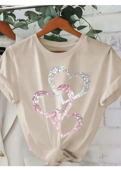 Üçlü Kalp Özel Tasarım Baskılı Kadın T-Shirt