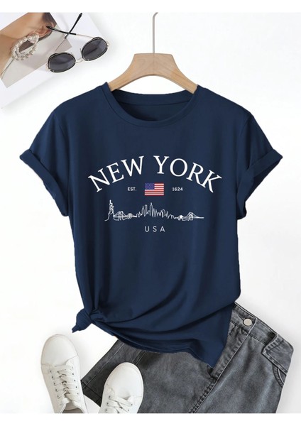 New York Minimal Baskılı Lacivert Kadın Pamuk T-Shirt