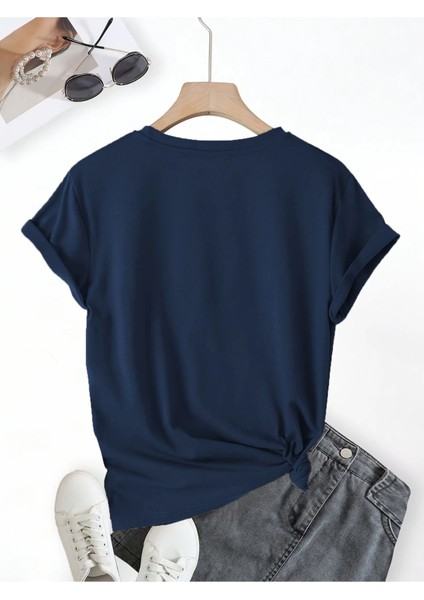 New York Minimal Baskılı Lacivert Kadın Pamuk T-Shirt modelleri