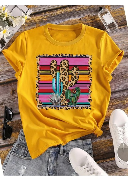 Kaktüs Leopar Özel Tasarım Baskılı Kadın Haki T-Shirt