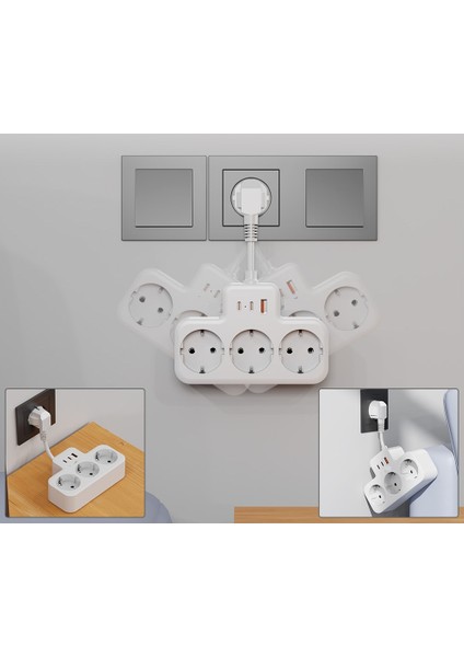 Akım Korumalı Duvar Tipi 3lü Priz, 1 USB ve 2 Type-C Portlu Hızlı Şarj Cihazı Özellikli modelleri