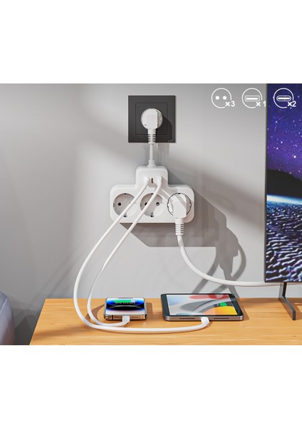 Akım Korumalı Duvar Tipi 3lü Priz, 1 USB ve 2 Type-C Portlu Hızlı Şarj Cihazı Özellikli indirimleri