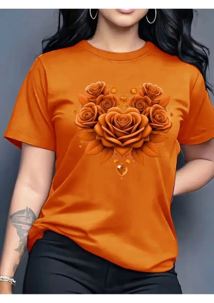 Gül Renk Uyumlu Baskılı Kadın Pamuk T-Shirt