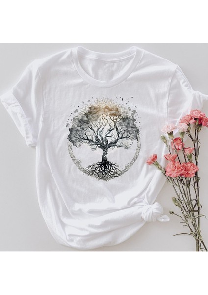 Tree Of Life Baskılı Kadın Beyaz Pamuk T-Shirt