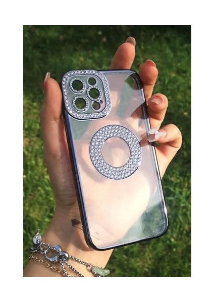 13 Pro Max Ile Uyumlu Taşlı Parlak Logo Açık Kadın Kılıf Kapak (Siyah) modelleri