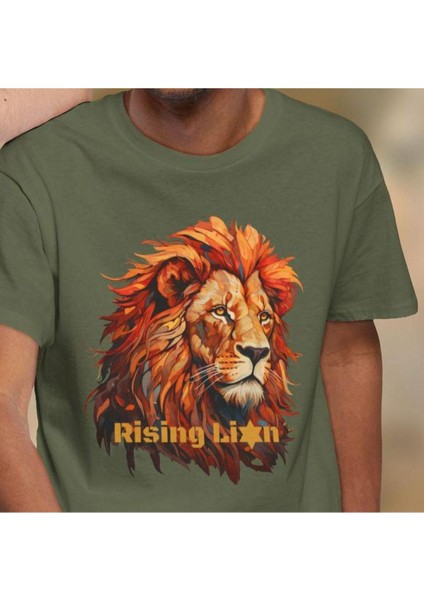 Yükselen Aslan Baskılı Pamuk T-Shirt