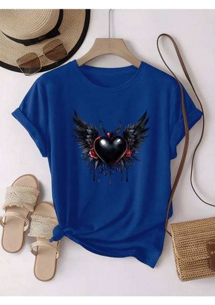 Siyah Kalp & Kanat Baskılı Kadın Pamuk T-Shirt