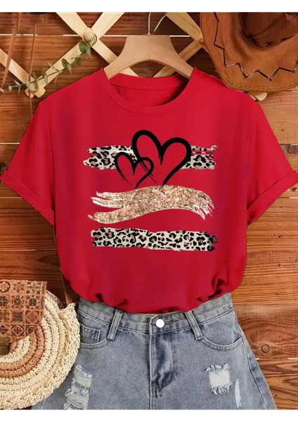 Leopar Desen Baskılı Kadın Pamuk T-Shirt