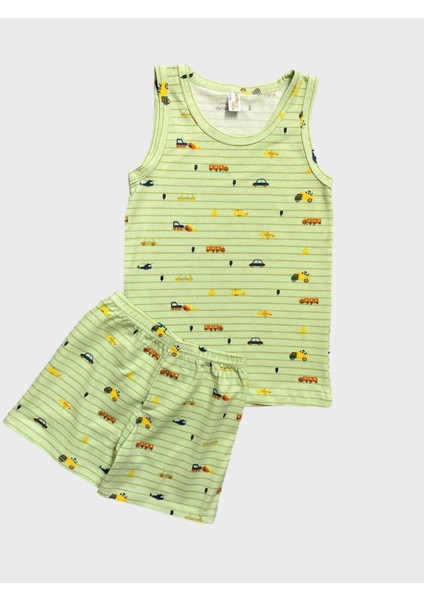Erkek Çocuk Pamuklu Su Yeşili Çizgili Araba Desenli Atlet Boxer Takımı