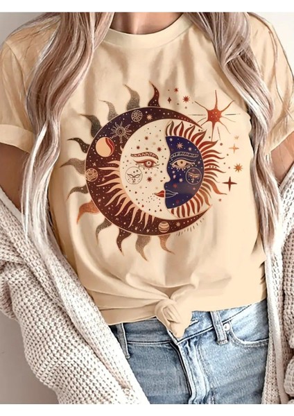 Ay & Güneş Özel Tema Baskılı Kadın Bej Pamuk T-Shirt