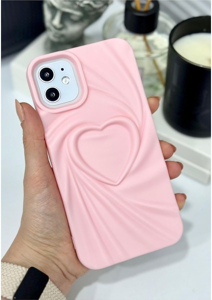 Aksesuar Apple Iphone 11 ile Uyumlu 3D Mat Saten Kalp Kabartma Desenli Darbe Önleyici Silikon Kılıf