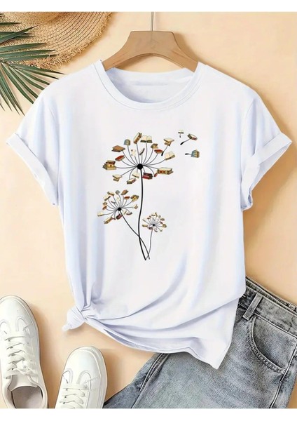 Kitap & Çiçek Tasarım Baskılı Kadın Pamuk T-Shirt