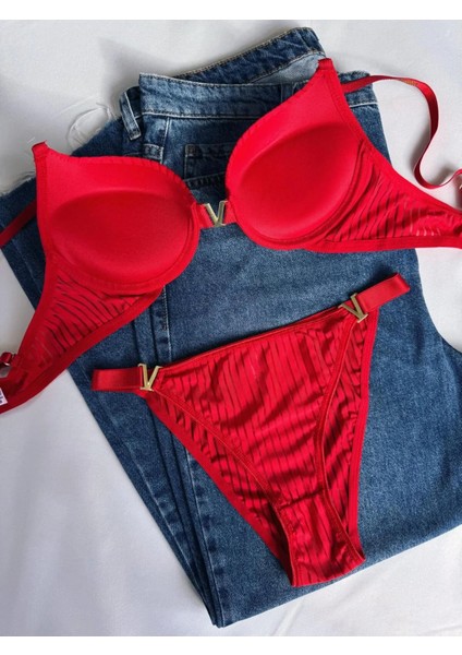 Kadın Kırmızı Taşlı Çizgili V Model Destekli Balenli Sütyen Takım Iç Çamaşırı Takımı fiyatları