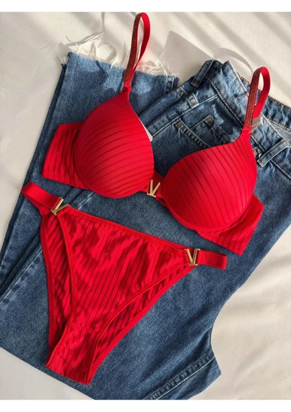 Kadın Kırmızı Taşlı Çizgili V Model Destekli Balenli Sütyen Takım Iç Çamaşırı Takımı modelleri