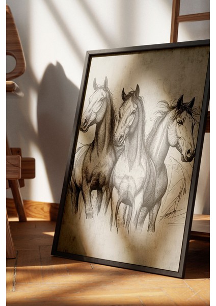 Siyah Çerçeveli Tablo, Üçlü At Eskiz Çizimi – Siyah Beyaz, Ofis Dekoru Poster No: 108664 fırsatları