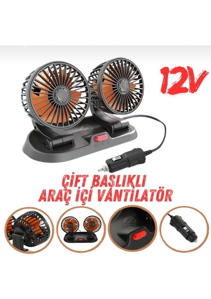 Araç Içi Vantilatör 360° Dönebilen Torpido Üstü Çift Başlıklı Vantilatör 12V Uyumlu Soğutucu Fan
