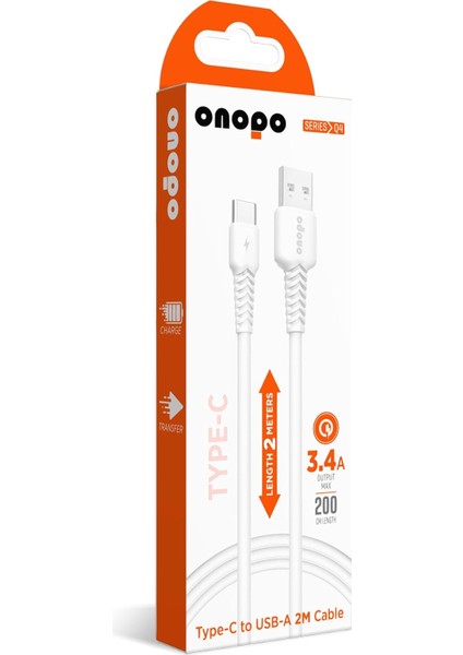 Uyumlu 2 Metre Type-C To USB Kablo - 3.4A Hızlı Şarj ve Veri Aktarımı, Beyaz | Onopo Q4