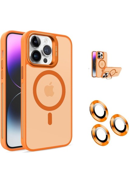 iPhone 16 Pro Kamera Korumalı Standlı Kılıf Magsafe ile Uyumlu Açılır Kamera Standlı Manyetik 16 Pro Kılıf Lens Korumalı Set Darbeye Karşı Korur 16 Pro Kapak (Turuncu)