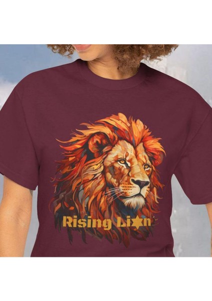 Yükselen Aslan Baskılı Pamuk T-Shirt