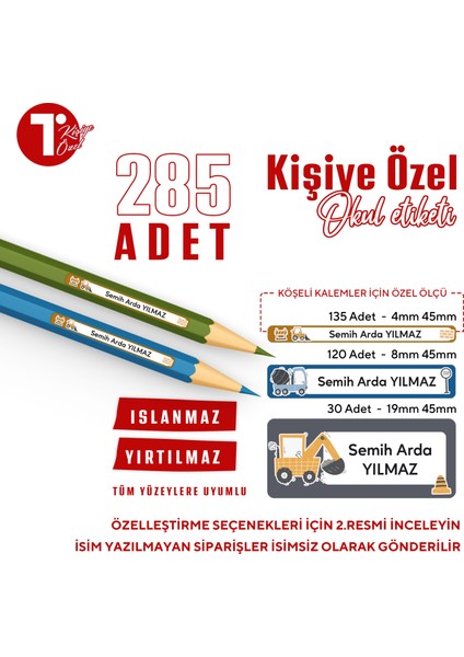 Iş Makineleri Temalı Kişiye Özel 285 Adet Okul Etiketi