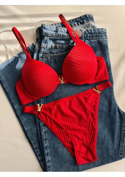 Kadın Siyah Kırmızı Taşlı Çizgili V Model Destekli Balenli Sütyen Takım Ikili Kutulu Paket fırsatları