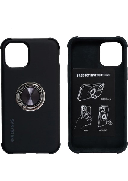 Synccase iPhone 12 Pro Max Kılıf Siyah - Darbeye Dayanıklı, 360° Koruma, Çelik Halka Tutuculu Standlı Kılıf