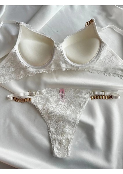 Kadın Beyaz Dantelli Zincir Detaylı Balenli Destekli Dolgulu Sütyen Takımı Iç Çamaşırı Takımı fırsatları