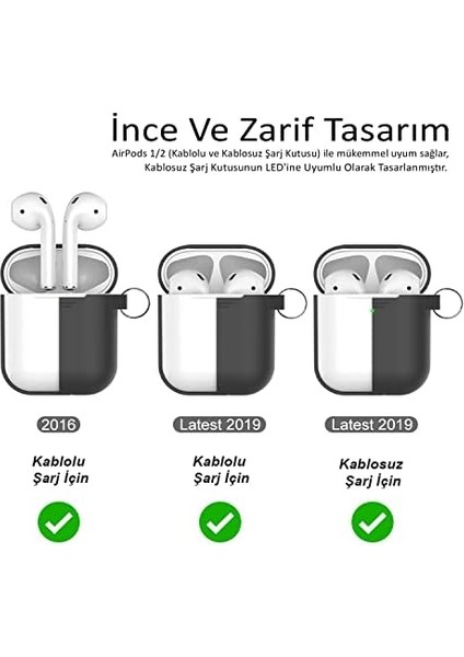 Airpods 1-2 Nesil Uyumlu Silikon Kılıf - Mat Yumuşak Dokulu, Darbeye Dayanıklı, Kemer Klipsli Karabina, Kablosuz Şarj Destekli Koruyucu Kapak Siyah fiyatları
