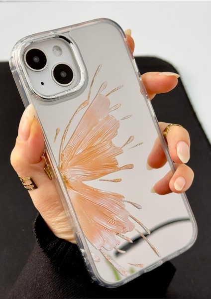 Aksesuar Iphone 13-14 - 15 Uyumlu Aynalı Gold Kelebek Model Silikon Kılıf - Goldkelebek