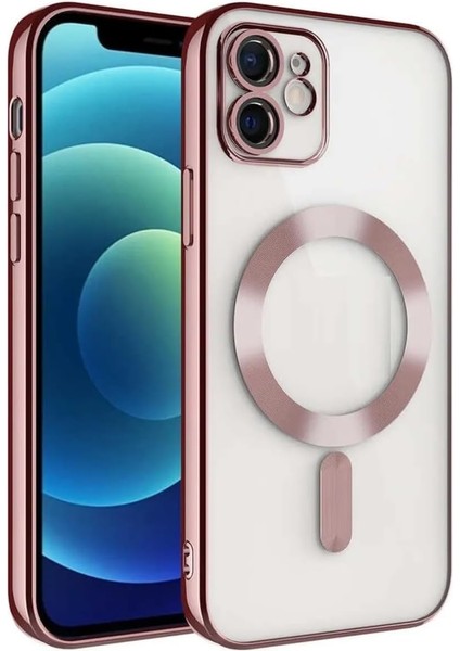 Aksesuar iPhone 11 Için Magsafe ile Uyumlu Arka Kısmı Parlak Şeffaf Yapıya Sahip Kenarları Silikon Yapılı Güçlendirilmiş Mıknatıslı Kamera Lens Koruyuculu Wireless Kablosuz Şarj Destekli Kılıf (Pembe)