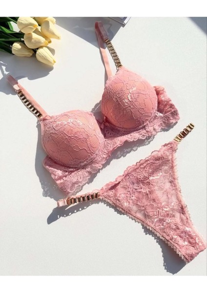 Kadın Pembe Dantelli Zincir Detaylı Balenli Destekli Dolgulu Sütyen Takımı Iç Çamaşırı Takımı