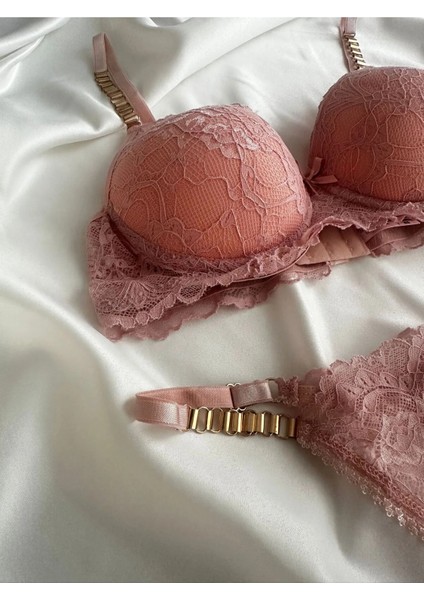 Kadın Pembe Dantelli Zincir Detaylı Balenli Destekli Dolgulu Sütyen Takımı Iç Çamaşırı Takımı fiyatları