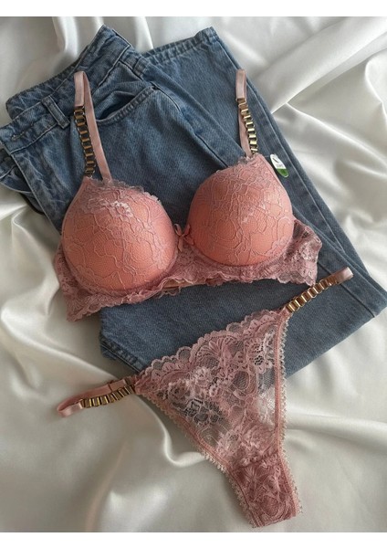 Kadın Pembe Dantelli Zincir Detaylı Balenli Destekli Dolgulu Sütyen Takımı Iç Çamaşırı Takımı fırsatları