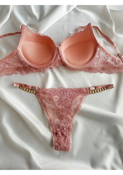 Kadın Pembe Dantelli Zincir Detaylı Balenli Destekli Dolgulu Sütyen Takımı Iç Çamaşırı Takımı indirimleri