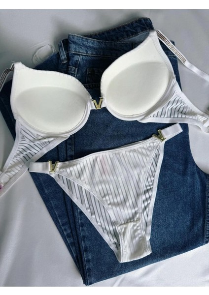 Kadın Beyaz Taşlı Çizgili V Model Destekli Balenli Sütyen Takım Iç Çamaşırı Takımı fiyatları