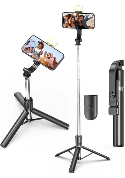 iPhone 15 Pro Max Uyumlu R1S-L Mini LED Fill Light Tripod Selfie Stick 3 In 1